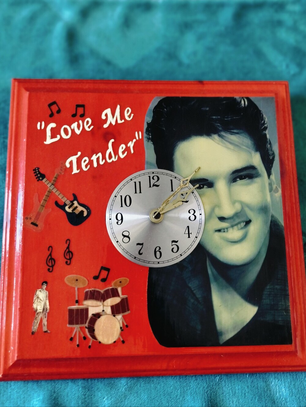 Vintage 1970s Elvis Presley "Love Me Tender" Lacquered Wood Wall Clock Plaque